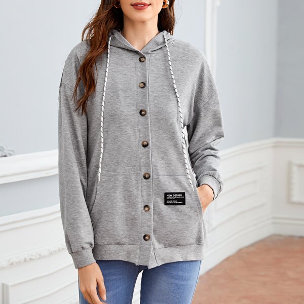 

Letter Patched Button Front Drawstring Hoodie, Grey
