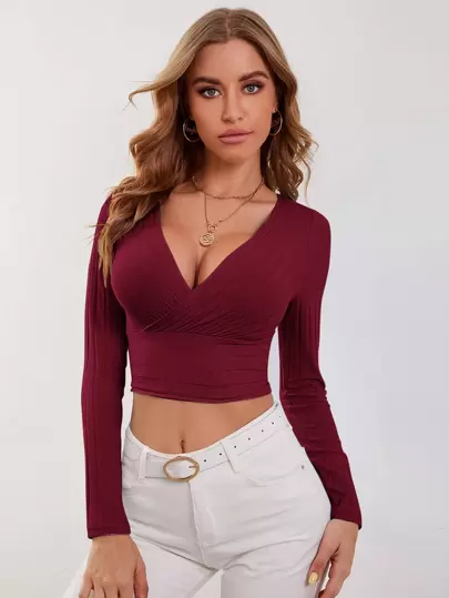 Firerie Surplice Neck Rib-knit Crop Tee
