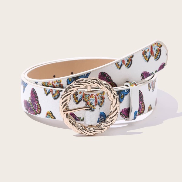 

Butterfly Print Metal Buckle Belt, White