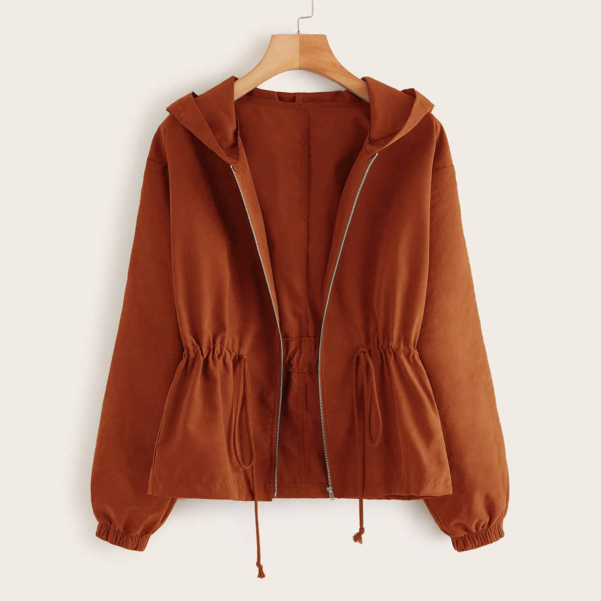 

Solid Zip Up Drawstring Hooded Jacket, Brown