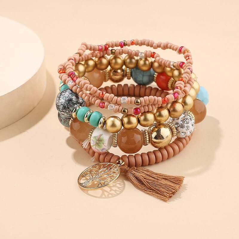 

5pcs Tassel & Tree Charm Beaded Bracelet, Multicolor