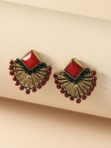 Rhinestone Fan Design Stud Earrings - Red - View 1