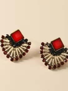 Rhinestone Fan Design Stud Earrings - Red - View 3