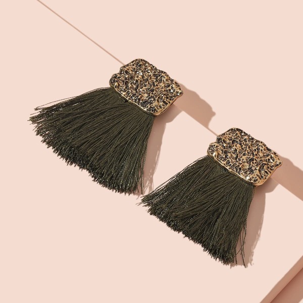 

Textured Metal Tassel Drop Earrings, Green