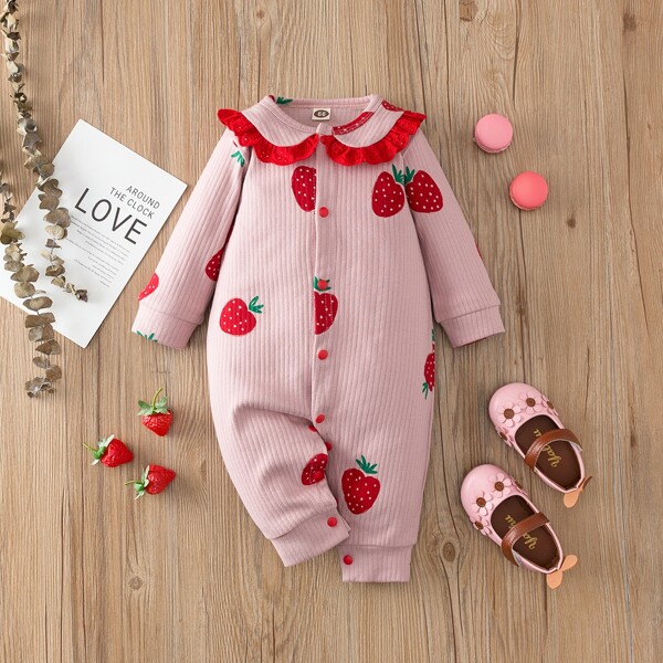 

Baby Girl Strawberry Print Eyelet Embroidered Ruffle Trim Jumpsuit, Baby pink