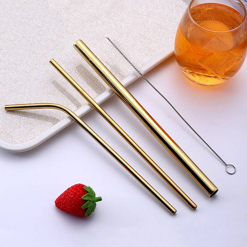 

3pcs Stainless Steel Straw & 1pc Cleaning Brush, Gold