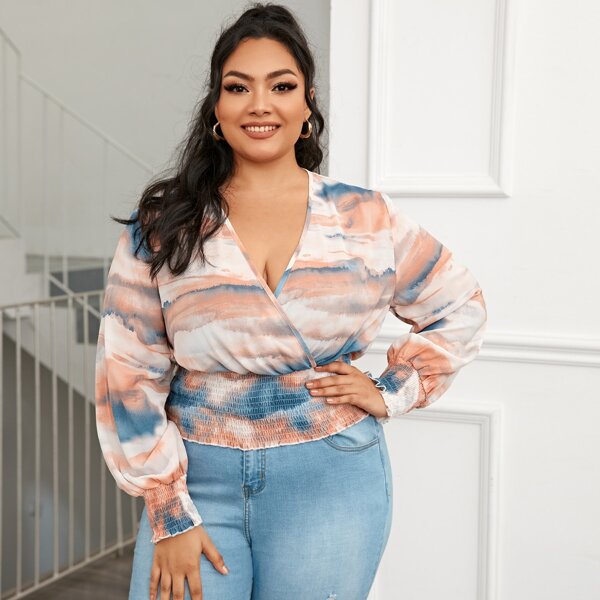 

Plus Tie Dye Surplice Neck Shirred Waist Blouse, Multicolor