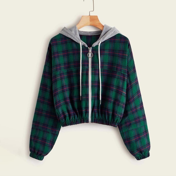 

Plus Plaid Zip Up Drawstring Hooded Jacket, Multicolor