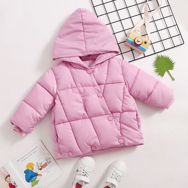 

Toddler Girls Pocket Button Hooded Puffer Coat, Pink
