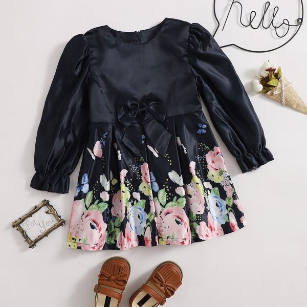 

Toddler Girls Butterfly & Floral Print Bow Babydoll Dress, Navy blue