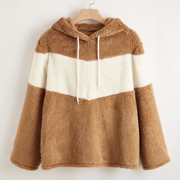 

Plus Color Block Drawstring Teddy Hoodie, Brown