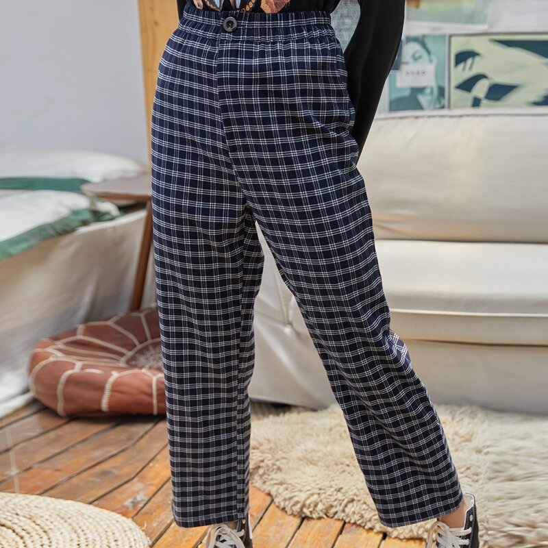 

Plaid Button Fly Pants, Navy blue