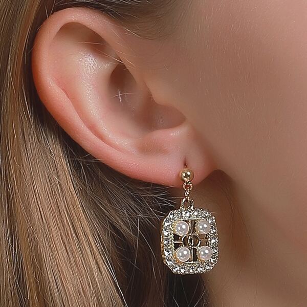 

Rhinestone & Faux Pearl Decor Square Drop Earrings, Gold