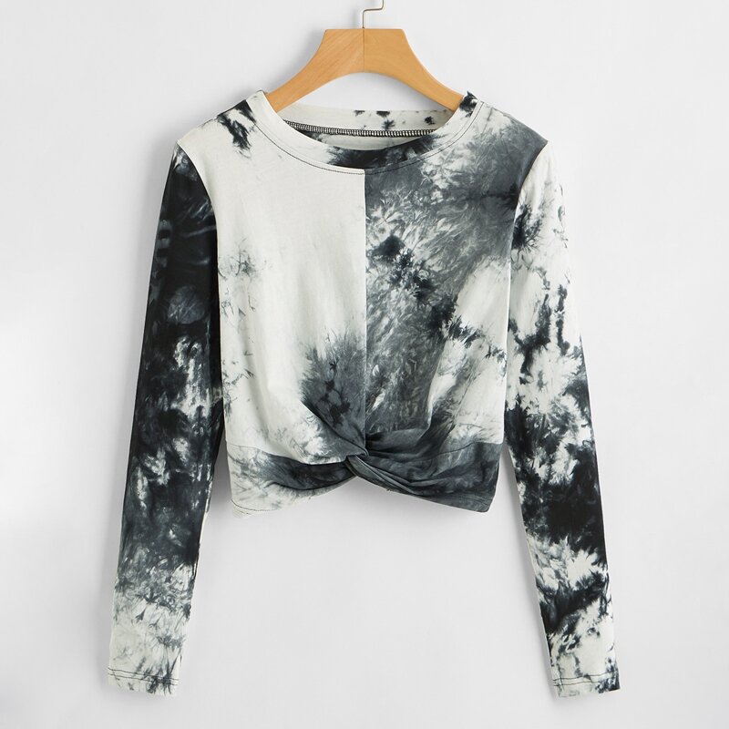 

Tie Dye Twist Crop Tee, Black and white