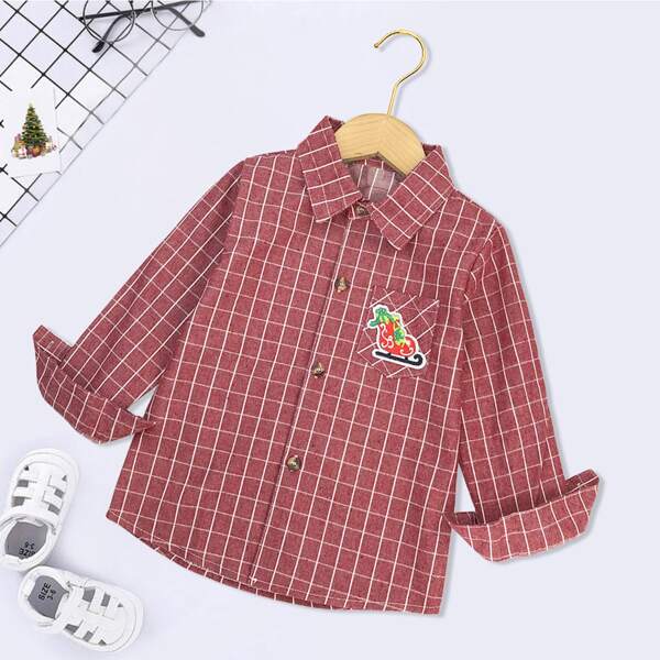 

Toddler Boys Grid Print Patched Button Through Shirt, Redwood