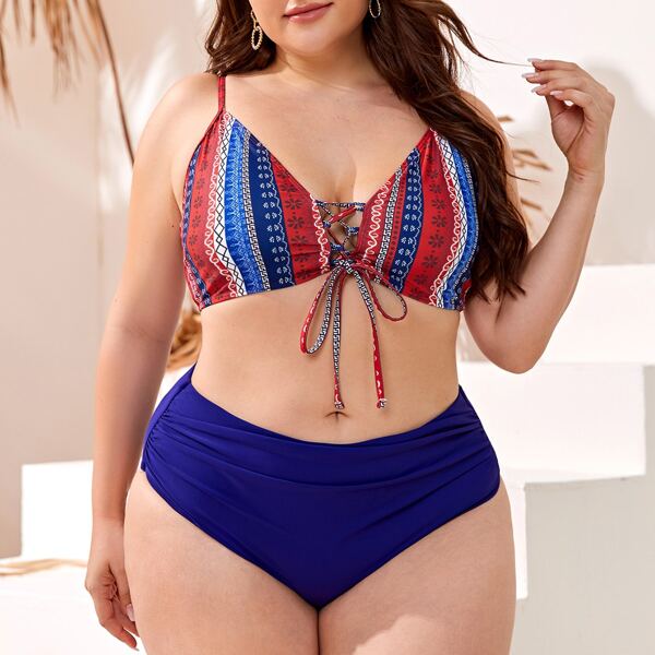 

Plus Tribal Lace-up Front Ruched Bikini Swimsuit, Multicolor