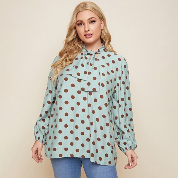 

Plus Tie Neck Polka Dot Blouse, Multicolor