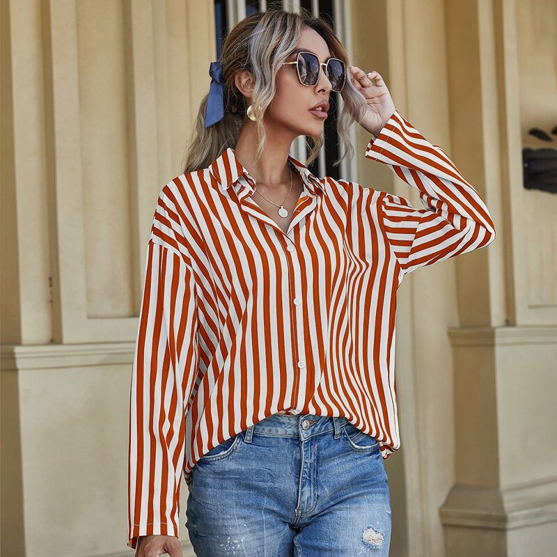 

Vertical Striped Button Up Blouse, Red and white