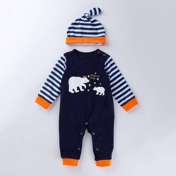 

Baby Unisex Bear And Striped Print Jumpsuit With Hat, Navy blue