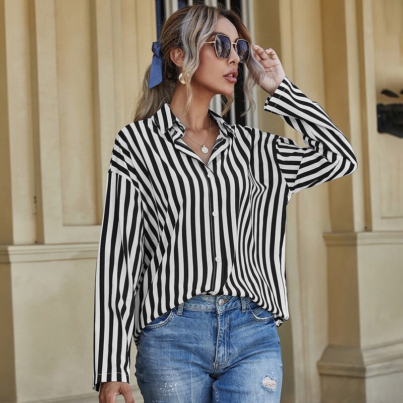 

Vertical Striped Button Up Blouse, Black and white