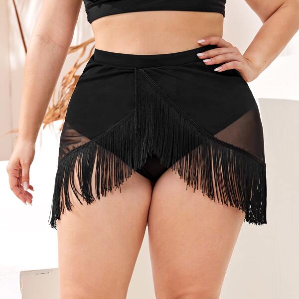 

Plus Mesh Fringe Hem Cover Up, Black