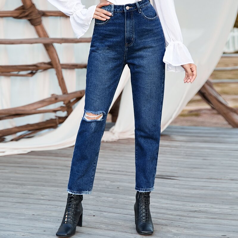 

High Waisted Slant Pocket Ripped Mom Jeans, Dark wash