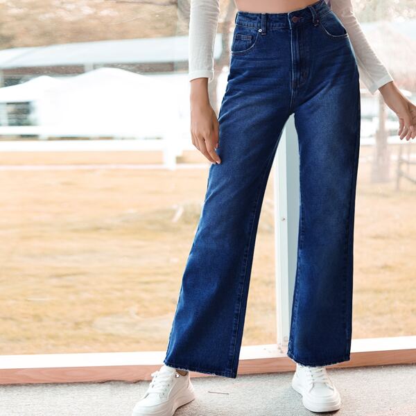 

Bleach Wash High Waisted Wide Leg Jeans, Dark wash