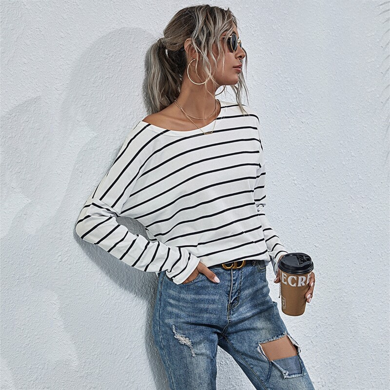 

Striped Drop Shoulder Tee, White