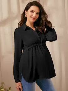 SHEIN Maternity Button Half Placket Drawstring Waist Top - Black - View 1