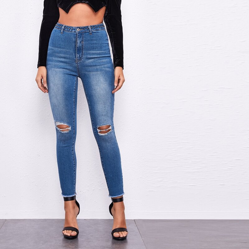 

High Waisted High Stretch Ripped Beaded Skinny Jeans, Medium wash