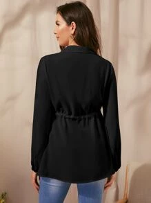 SHEIN Maternity Button Half Placket Drawstring Waist Top - Black - View 2