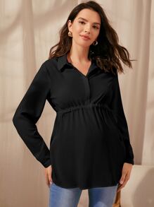 SHEIN Maternity Button Half Placket Drawstring Waist Top - Black - View 3