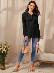 SHEIN Maternity Button Half Placket Drawstring Waist Top - Black - View 4