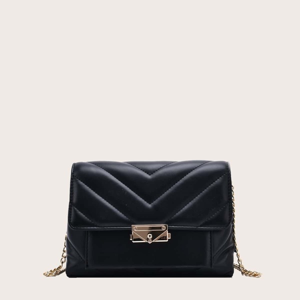 

Chevron Flap Chain Crossbody Bag, Black