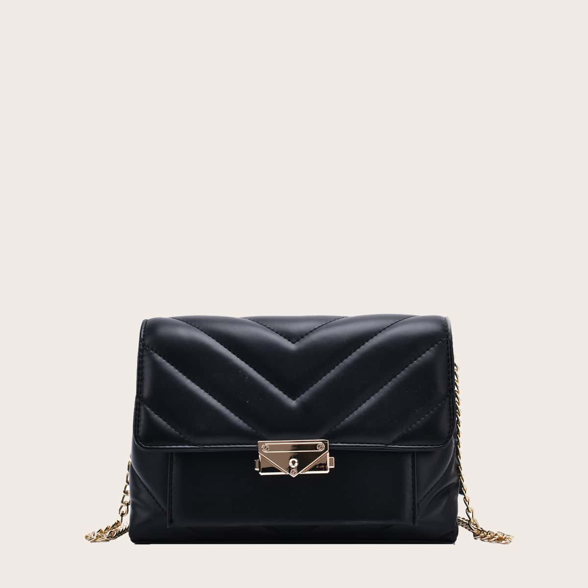 

Chevron Flap Chain Crossbody Bag, Black