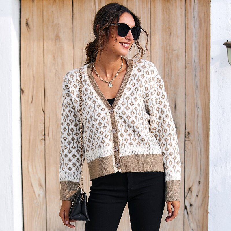 

Argyle & Striped Pattern Rib-knit Neck Button Cardigan, Multicolor