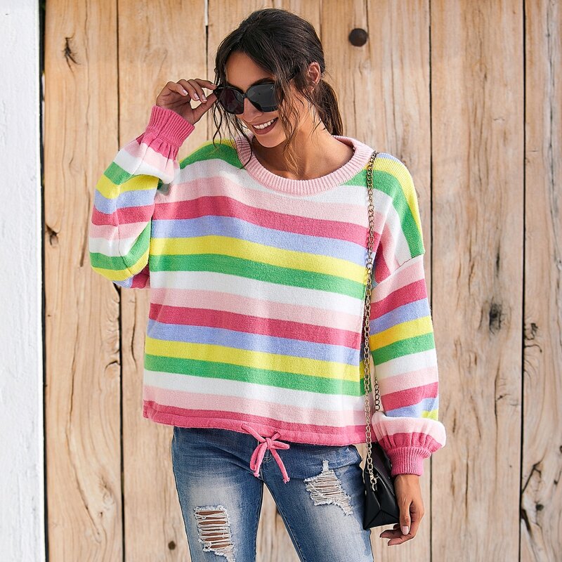 

Striped Rib-knit Neck Drawstring Hem Sweater, Multicolor