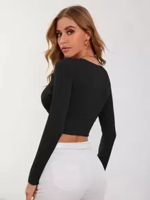 Firerie Women Spring Tops Surplice Neck Rib-Knit Crop Tee - Black - View 2