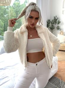 Eilly Bazar Zip Up Teddy Jacket - Beige - View 5