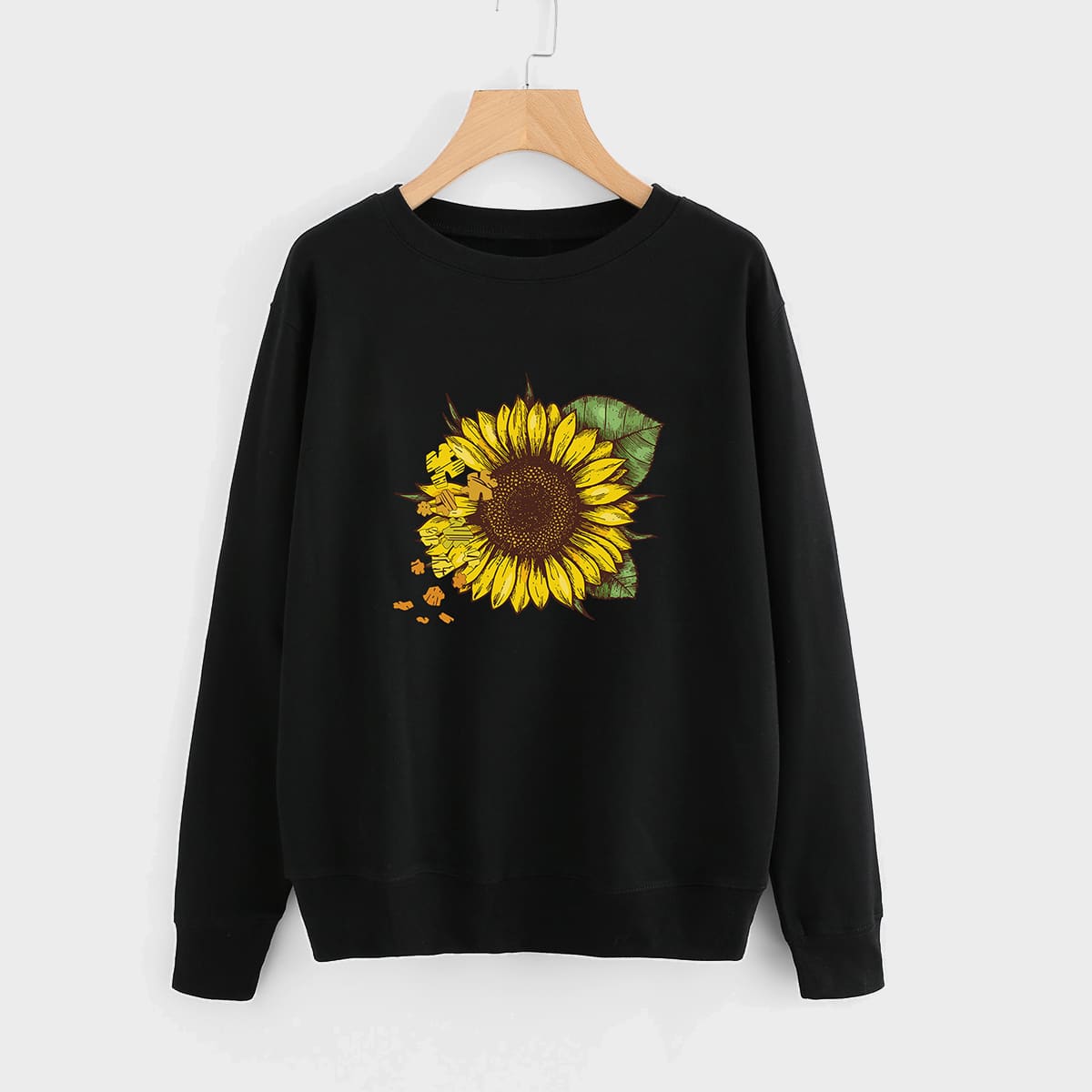 

Sunflower Print Round Neck Sweatshirt, Black