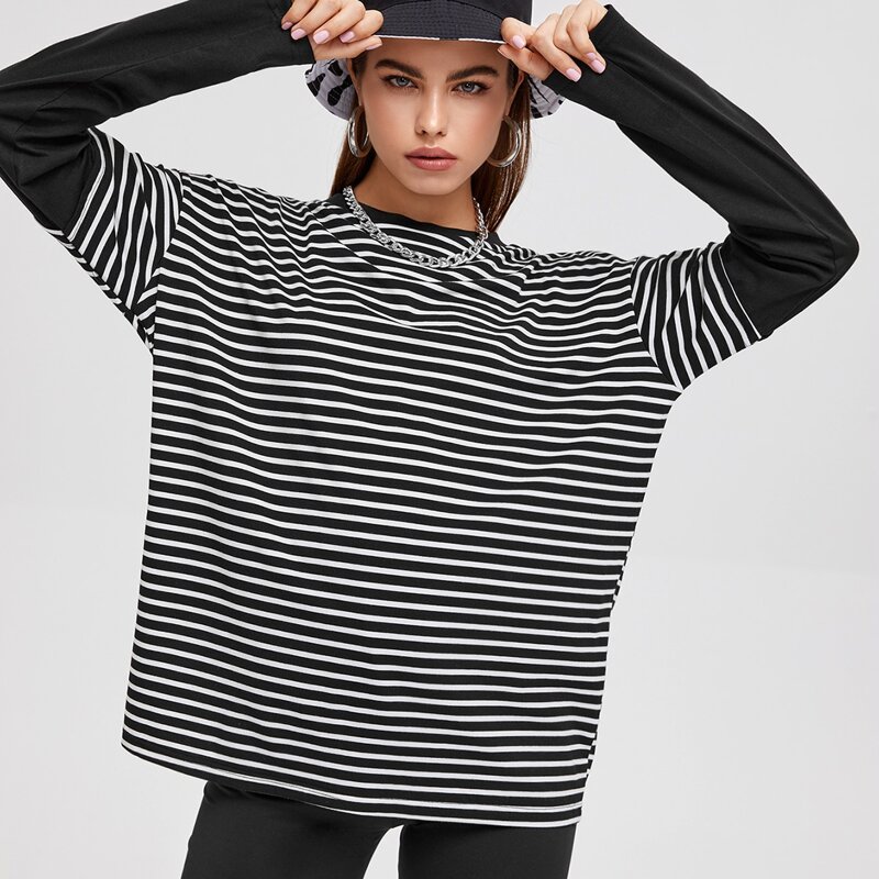 

2 In 1 Striped Oversized Tee, Black and white