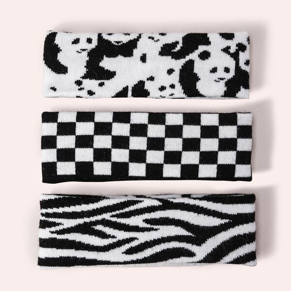 

3pcs Panda & Checkered Headband, Black and white