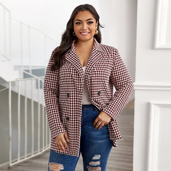 

Plus Houndstooth Pattern Double-breasted Blazer, Red and white