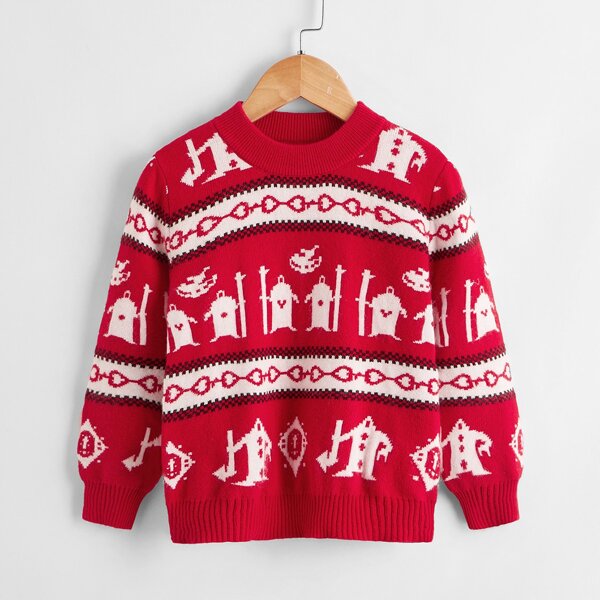

Toddler Girls Cartoon Pattern Sweater, Rose red