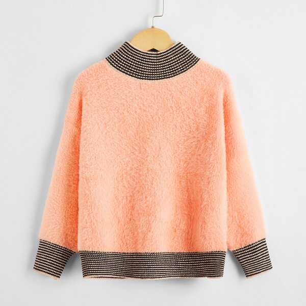 

Girls Stand Collar Fluffy Knit Sweater, Coral orange