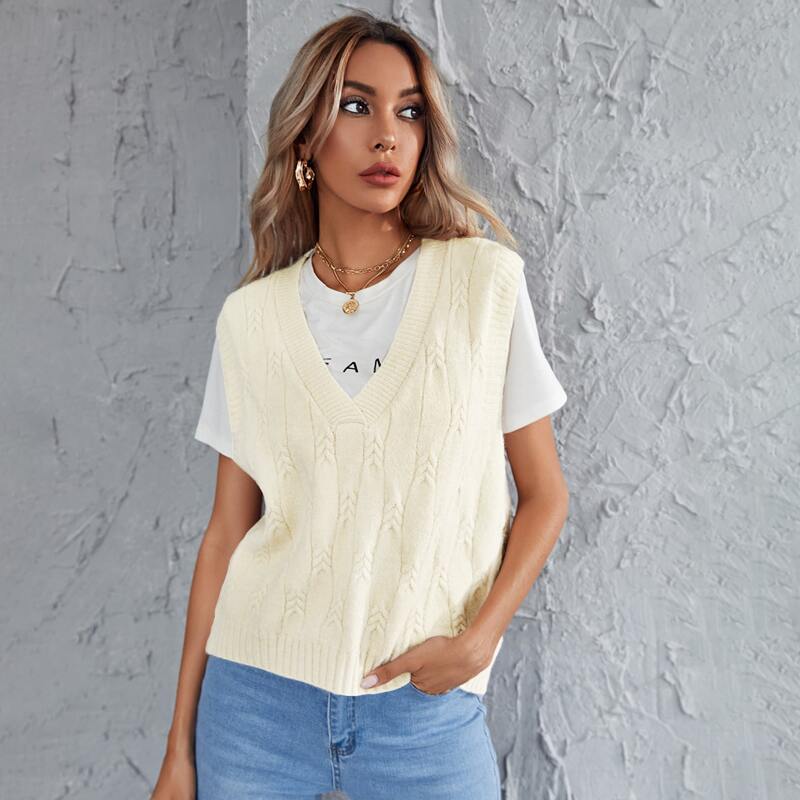 

Cable Knit V-neck Sweater Vest, Beige