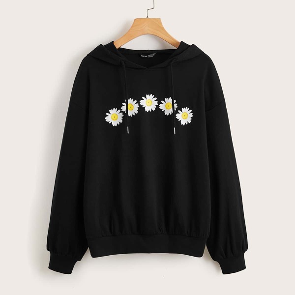 

Floral Print Drop Shoulder Hoodie, Black