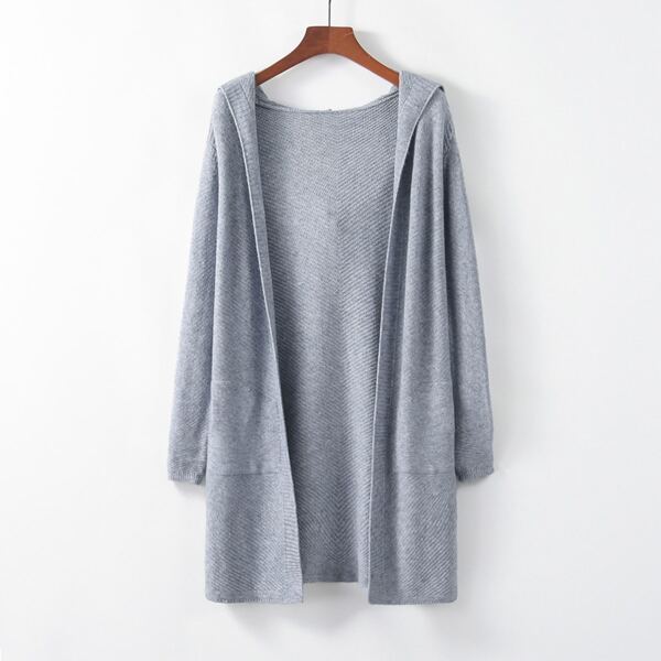 

Dual Pockets Open Front Hooded Cardigan, Grey