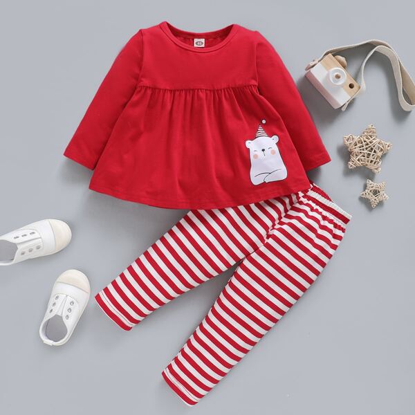 

Baby Girl Cartoon Print Babydoll Tee & Striped Pants, Red and white
