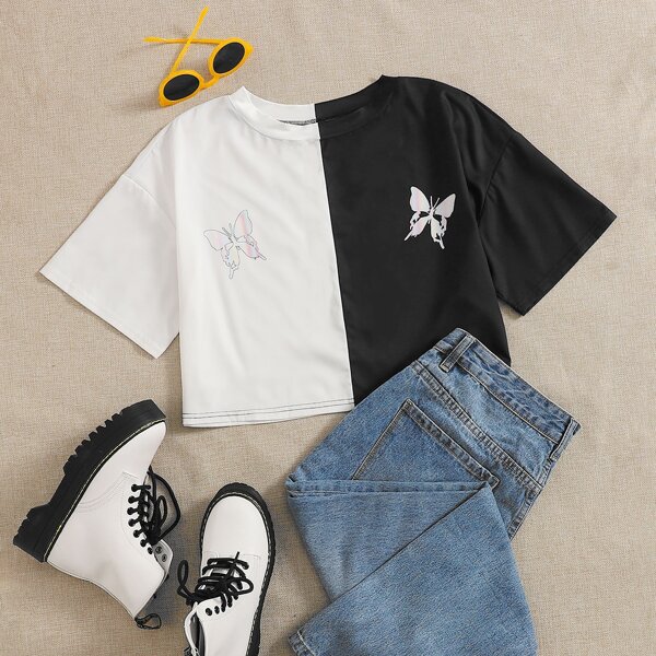 

Plus Two Tone Butterfly Print Crop Tee, Black and white